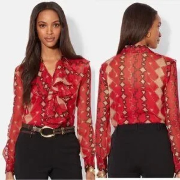 Lauren Ralph Lauren Red Aztec Southwestern Ruffle Button Up Sheer Blouse Size M - Picture 1 of 9